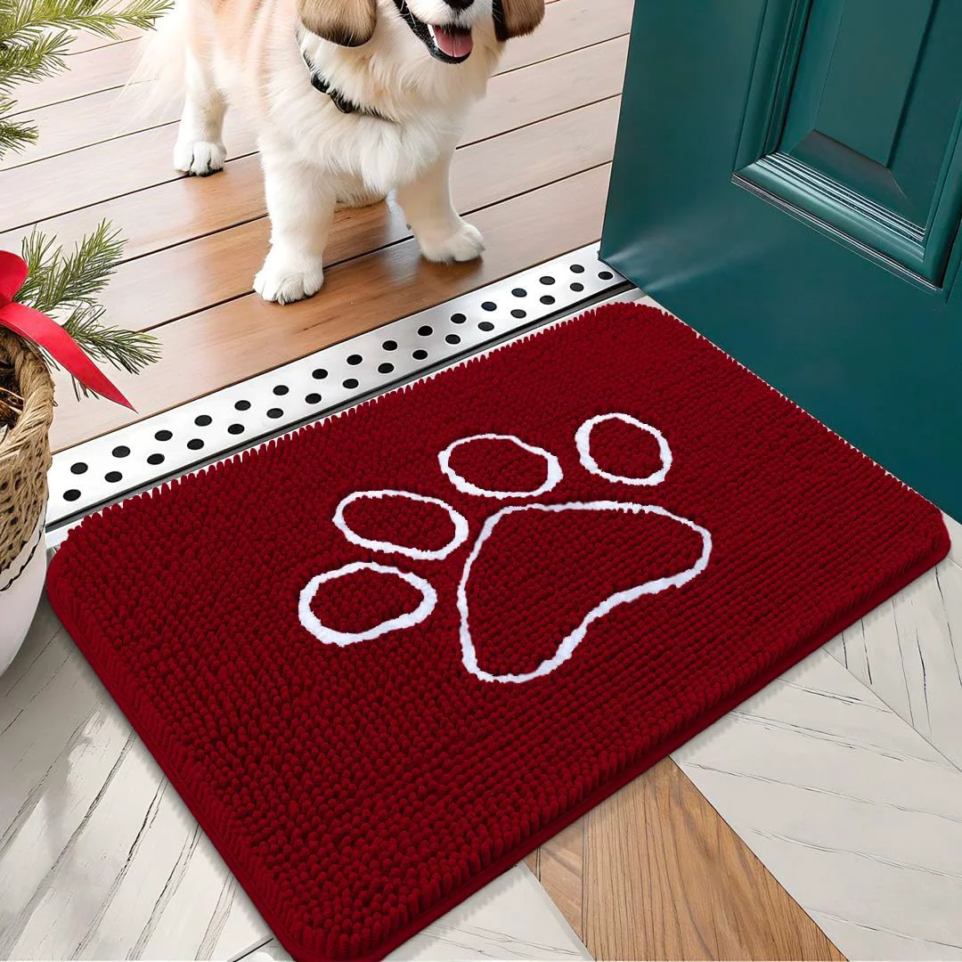 Easy-to-Use OLANLY Door Mat for Muddy Dog Paws 24×16 Ultra Absorbent Chenille Mud Doormat with Paw Print Design Non-Slip Washable Doormat for Indoor Entryway Quick-Dry Pet Bed Mats for Dirty Dogs Red Practical