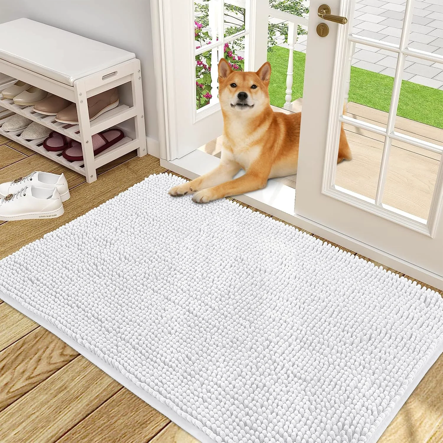 Verified OLANLY Dog Door Mat for Muddy Paws 48×30 Absorbs Moisture and Dirt Absorbent Non-Slip Washable Doormat Quick Dry Chenille Mud Mat for Dogs Entry Indoor Entryway Carpet for Inside Floor White Fashionable