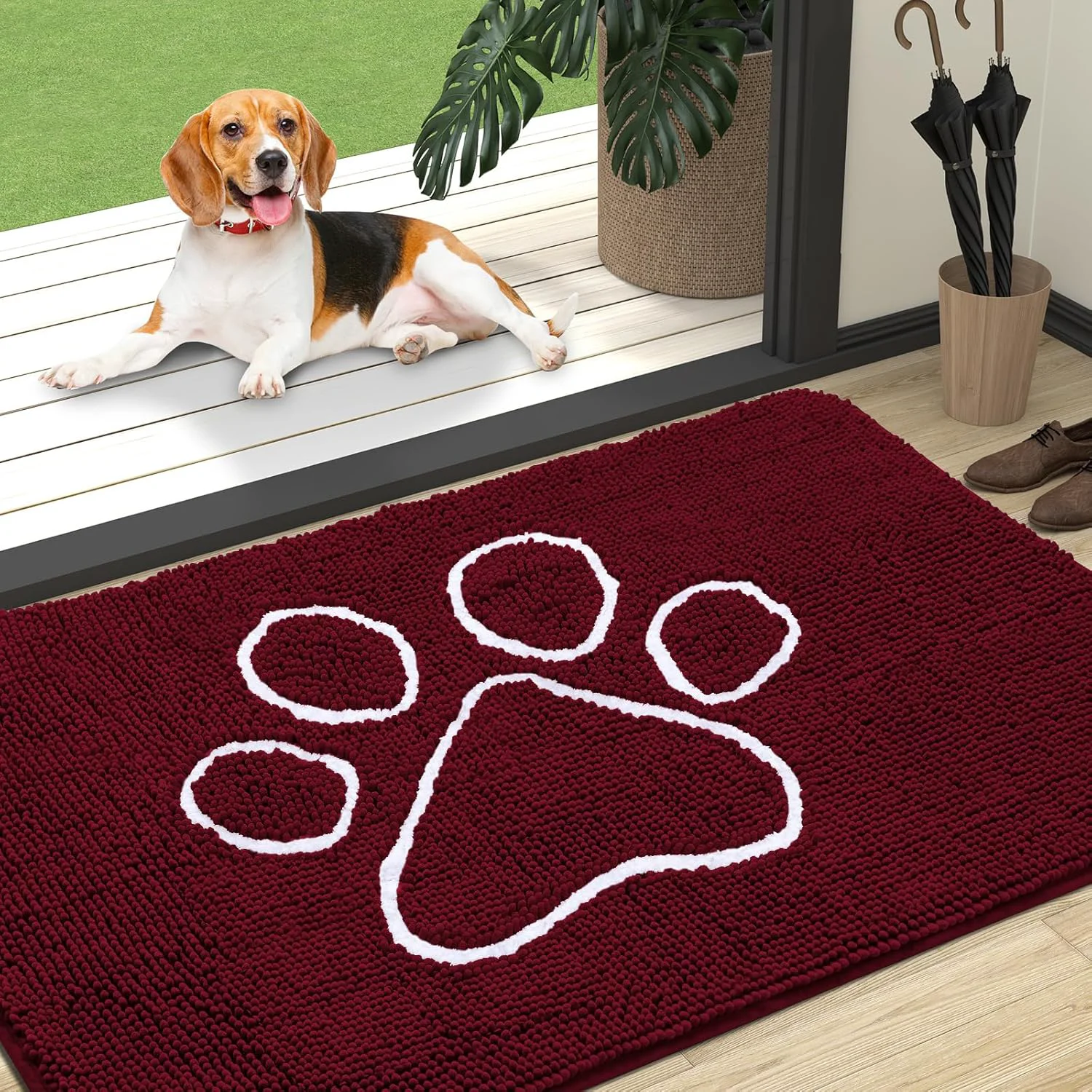 Environmentally Friendly OLANLY Door Mat for Muddy Dog Paws 47×32 Ultra Absorbent Chenille Mud Doormat with Paw Print Design Non-Slip Washable Doormat for Indoor Entryway Quick-Dry Pet Bed Mats for Dirty Dogs Burgundy Innovative