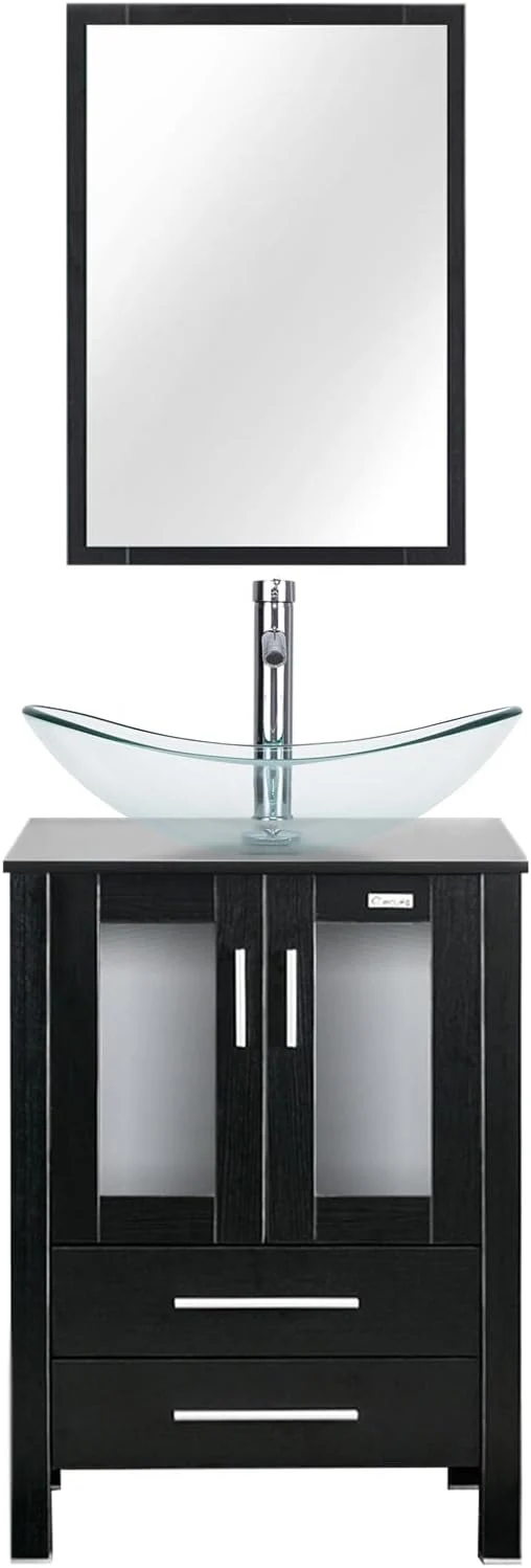 Exceptional eclife 24 Modern Bathroom Vanity Sink Combo standing Cabinet with Soft Closing Door Clear Boat Glass Vessel Sink Water Save Faucet Drain Black A29TT About ThisOverview Top-Quality