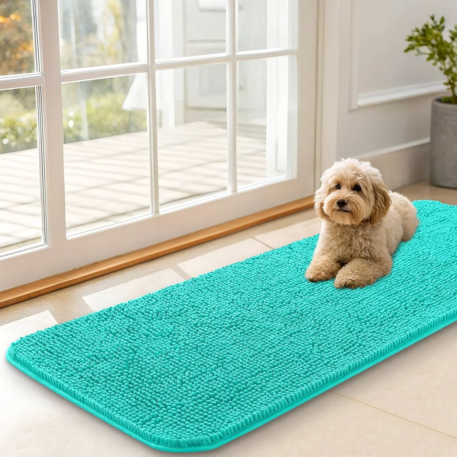 Natural OLANLY Dog Door Mat for Muddy Paws 47×17 Absorbs Moisture and Dirt Absorbent Non-Slip Washable Doormat Quick Dry Chenille Mud Mat for Dogs Entry Indoor Entryway Carpet for Inside Floor Teal Flexible