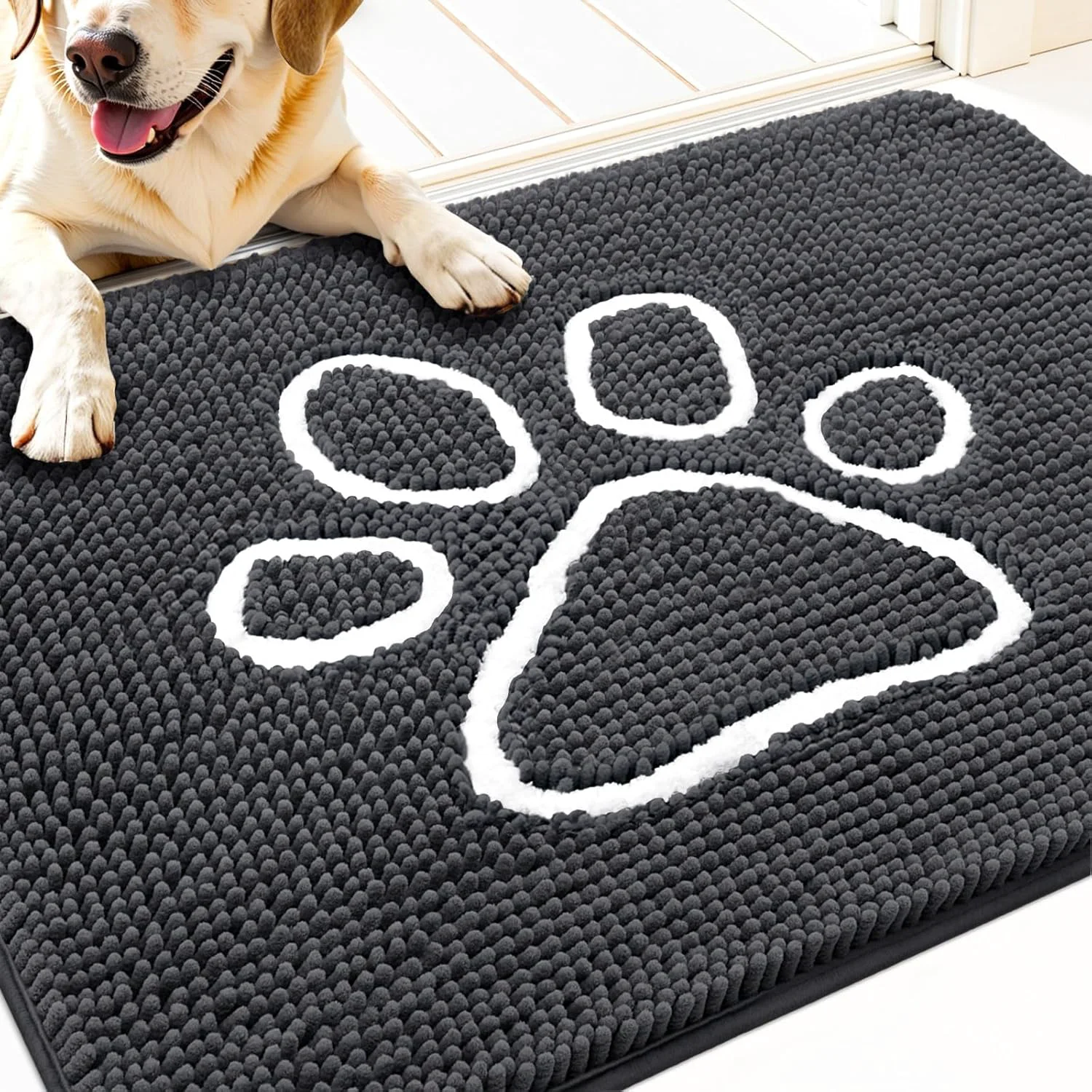 Professional OLANLY Door Mat for Muddy Dog Paws 30×20 Ultra Absorbent Chenille Mud Doormat with Paw Print Design Non-Slip Washable Doormat for Indoor Entryway Quick-Dry Pet Bed Mats for Dirty Dogs Dark Grey Reusable