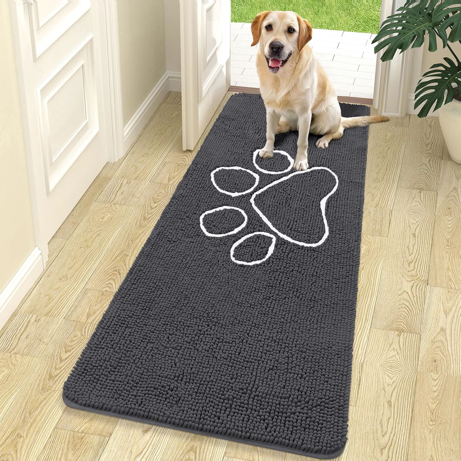 Trendy OLANLY Door Mat for Muddy Dog Paws 70×24 Ultra Absorbent Chenille Mud Doormat with Paw Print Design Non-Slip Washable Doormat for Indoor Entryway Quick-Dry Pet Bed Mats for Dirty Dogs Dark Grey Innovative