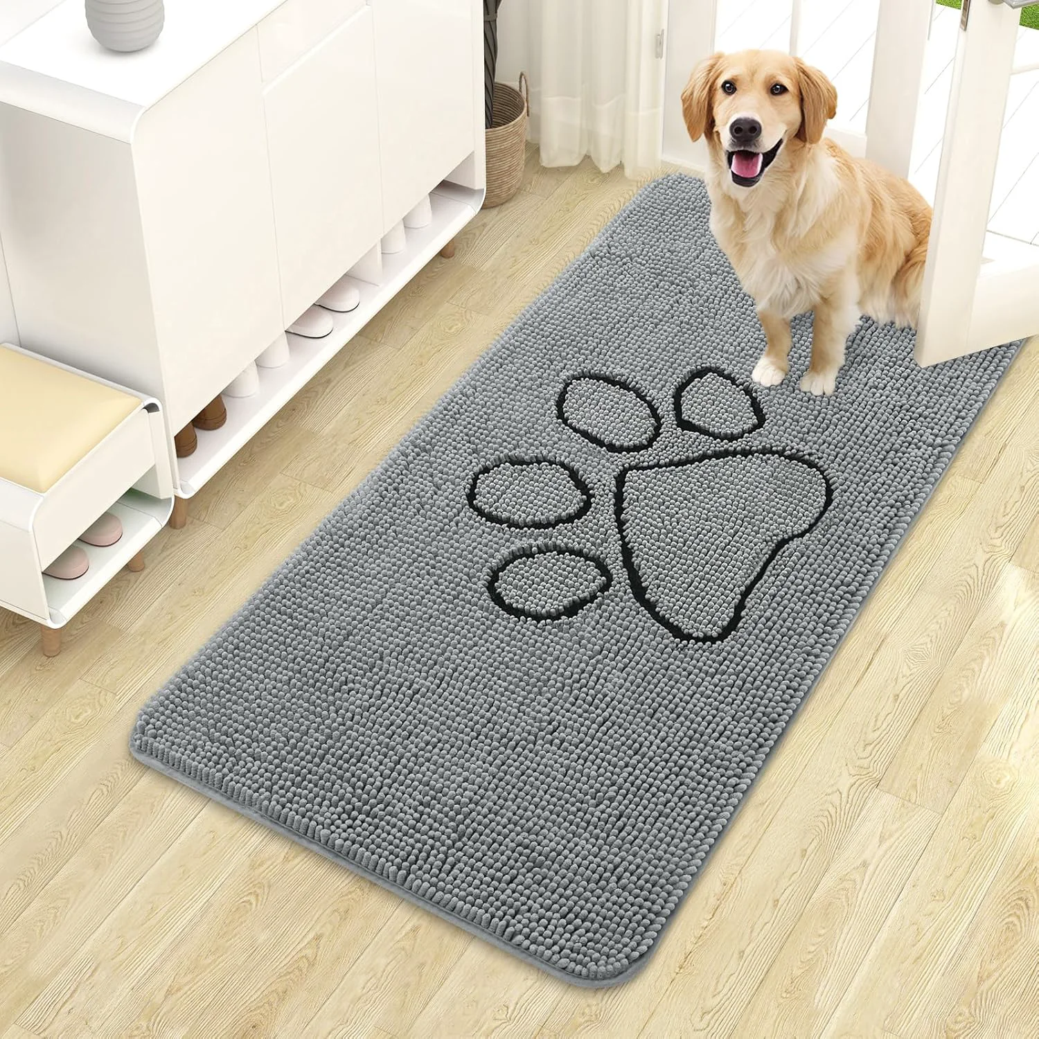 Relaxed OLANLY Door Mat for Muddy Dog Paws 44×24 Ultra Absorbent Chenille Mud Doormat with Paw Print Design Non-Slip Washable Doormat for Indoor Entryway Quick-Dry Pet Bed Mats for Dirty Dogs Grey Trendy