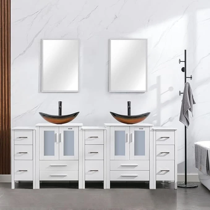 Stylish eclife 84 Modern Bathroom Vanity Sink Combo standing Cabinet with Small Side Cabinet Brown Boat Glass Vessel Sink Water Save Faucet Drain White A29BR About ThisOverview Safe