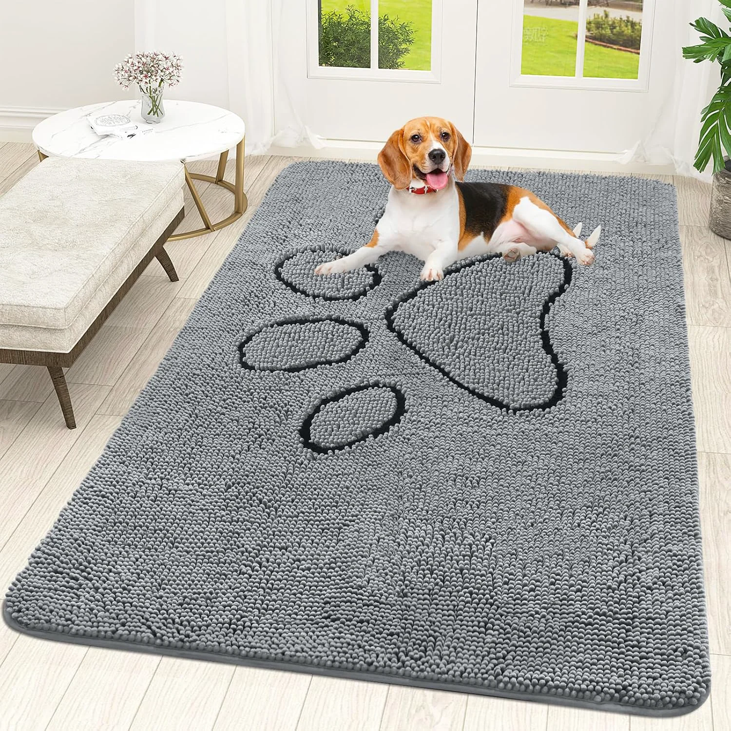 Eco-Friendly OLANLY Door Mat for Muddy Dog Paws 59×35 Ultra Absorbent Chenille Mud Doormat with Paw Print Design Non-Slip Washable Doormat for Indoor Entryway Quick-Dry Pet Bed Mats for Dirty Dogs Grey Flexible