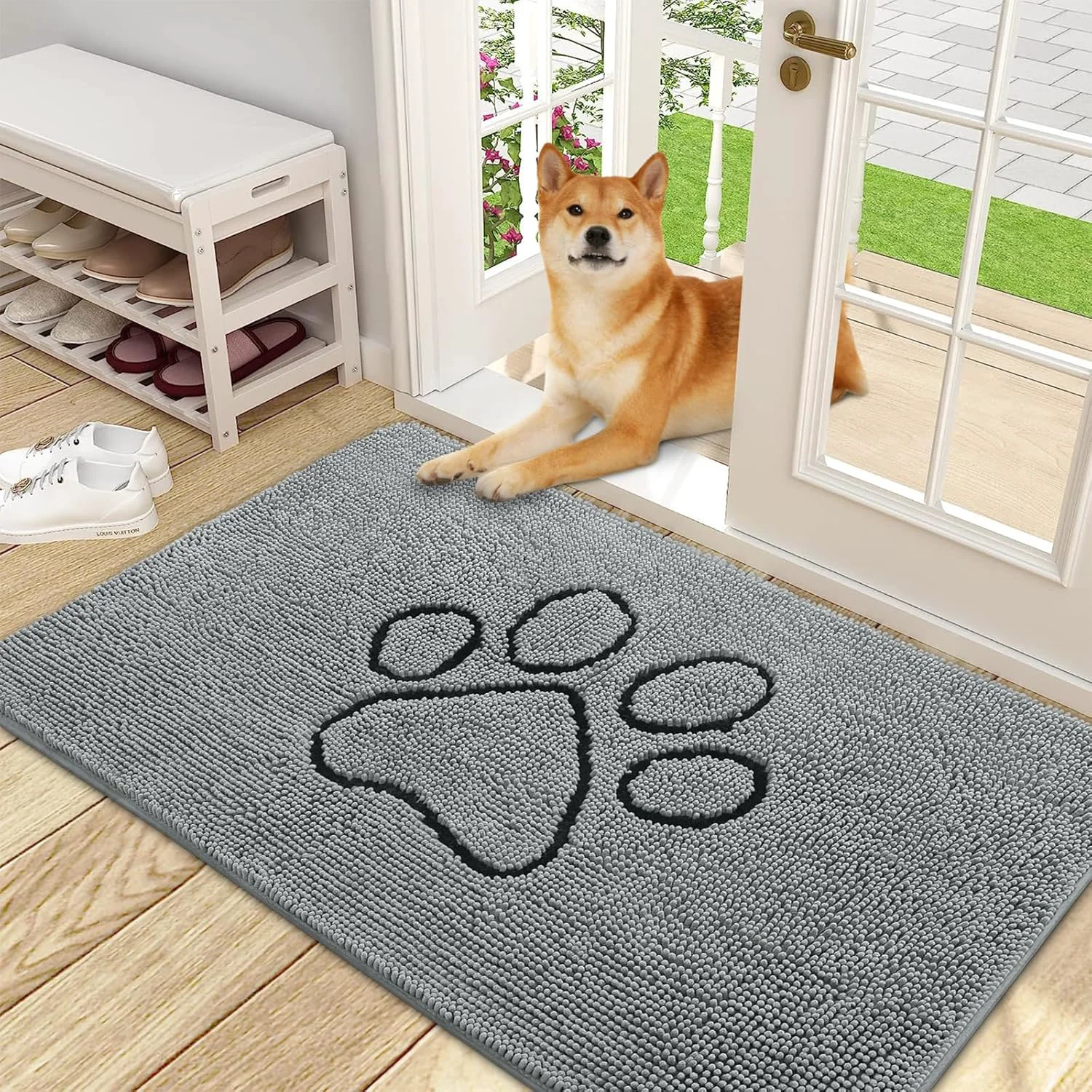 Breathable OLANLY Door Mat for Muddy Dog Paws 48×30 Ultra Absorbent Chenille Mud Doormat with Paw Print Design Non-Slip Washable Doormat for Indoor Entryway Quick-Dry Pet Bed Mats for Dirty Dogs Grey Exceptional