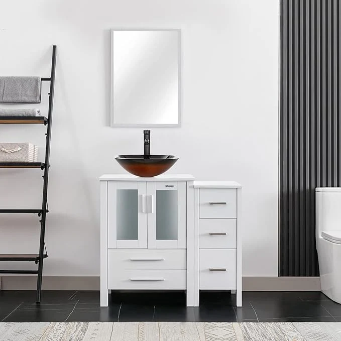 Professional eclife 36 Modern Bathroom Vanity Sink Combo standing Cabinet with Small Side Cabinet Brown Square Glass Vessel Sink Water Save Faucet Drain White A48 About ThisOverview Easy-to-Use