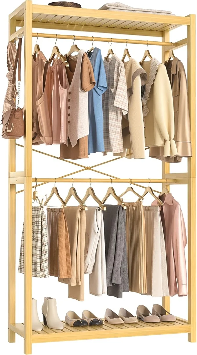 Classic Homykic Bamboo Clothes Rack with Shelves and Double Hang Rods Portable Closet System Garment Rack for Hanging Clothes Tall Clothing Rack Corner Closet Organizer Easy to Built NaturalAbout ThisOverview Elegant