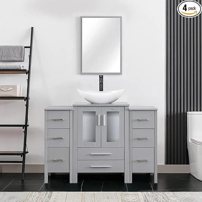 Soft eclife 48 Modern Bathroom Vanity Sink Combo standing Cabinet with Small Side Cabinet White Boat Ceramic Vessel Sink Water Save Faucet Drain Gray T44 About ThisOverview Stylish