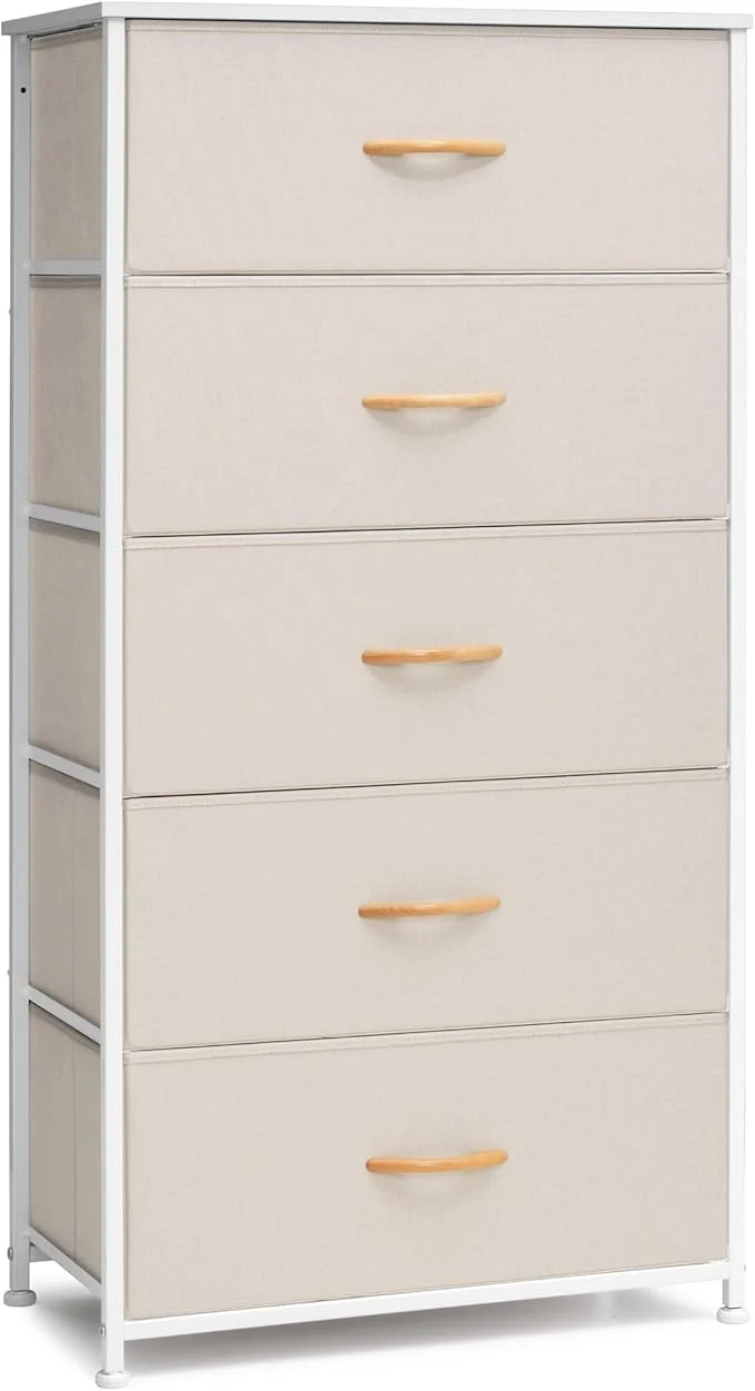 Pure Crestlive Products Vertical Dresser Storage Tower – Sturdy Steel Frame Wood Top Easy Pull Fabric Bins – Wide Organizer Unit for Bedroom Hallway Entryway Closets – 5 Drawers Beige About ThisOverview Original