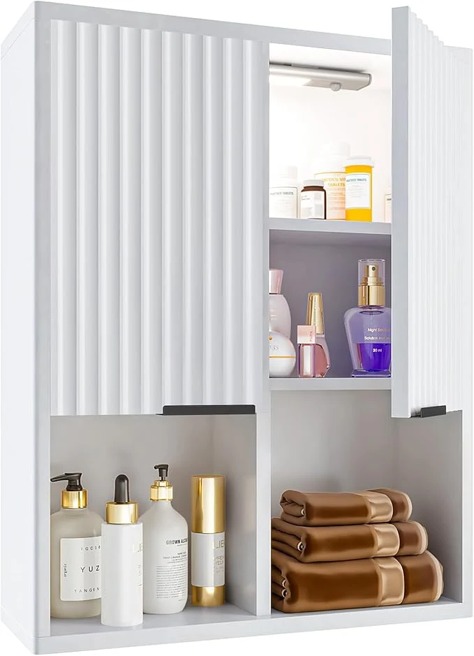 Classic HAIOOU Fluted Bathroom Wall Cabinet with Motion Sensor Light Curved Profile Wooden Medicine Cabinet Wall Mounted Cupboard Wave Like Over Toilet Storage Cabinet with Buffering Hinges – Modern WhiteAbout ThisOverview Casual