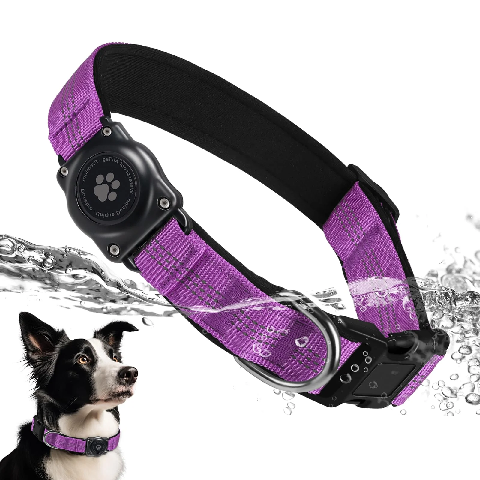 Genuine Furrigo Upgraded AirTag Dog Collar IP68 Waterproof Reflective Ultra-Durable Padded Comfort For Small to XL Dogs Purple Traditional
