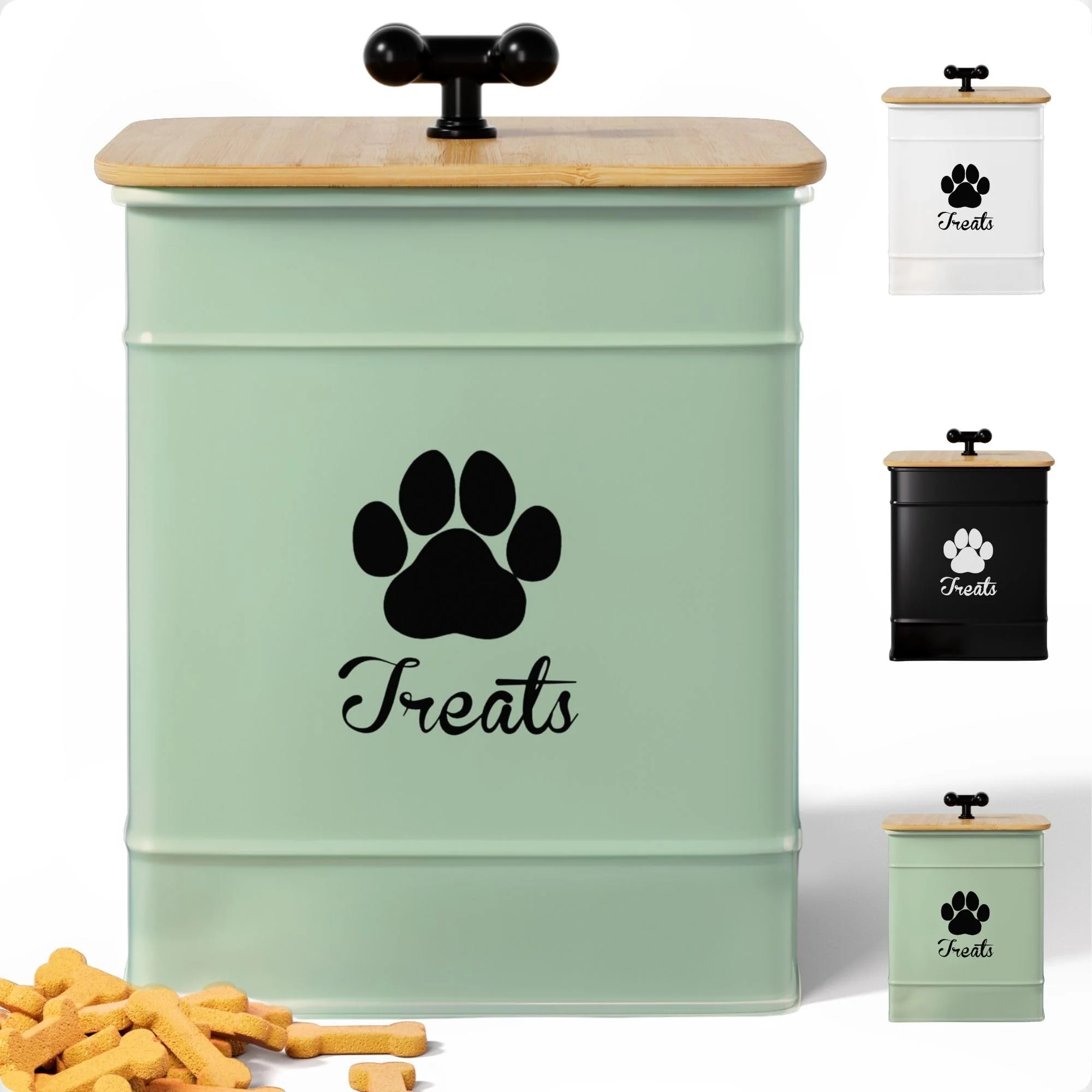 Fine Crafted HB Design Co. Dog Treat Container – Airtight Iron Canister 12 Cup Capacity Sage Green High-Grade