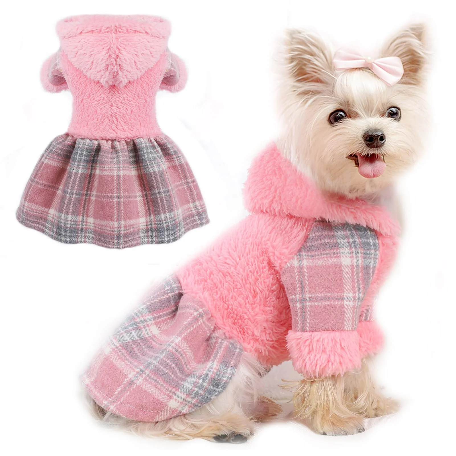 Recyclable DaFuEn Dog Hoodie Dress Winter Knit Coat for Small Dogs – Pink Plaid Enhanced