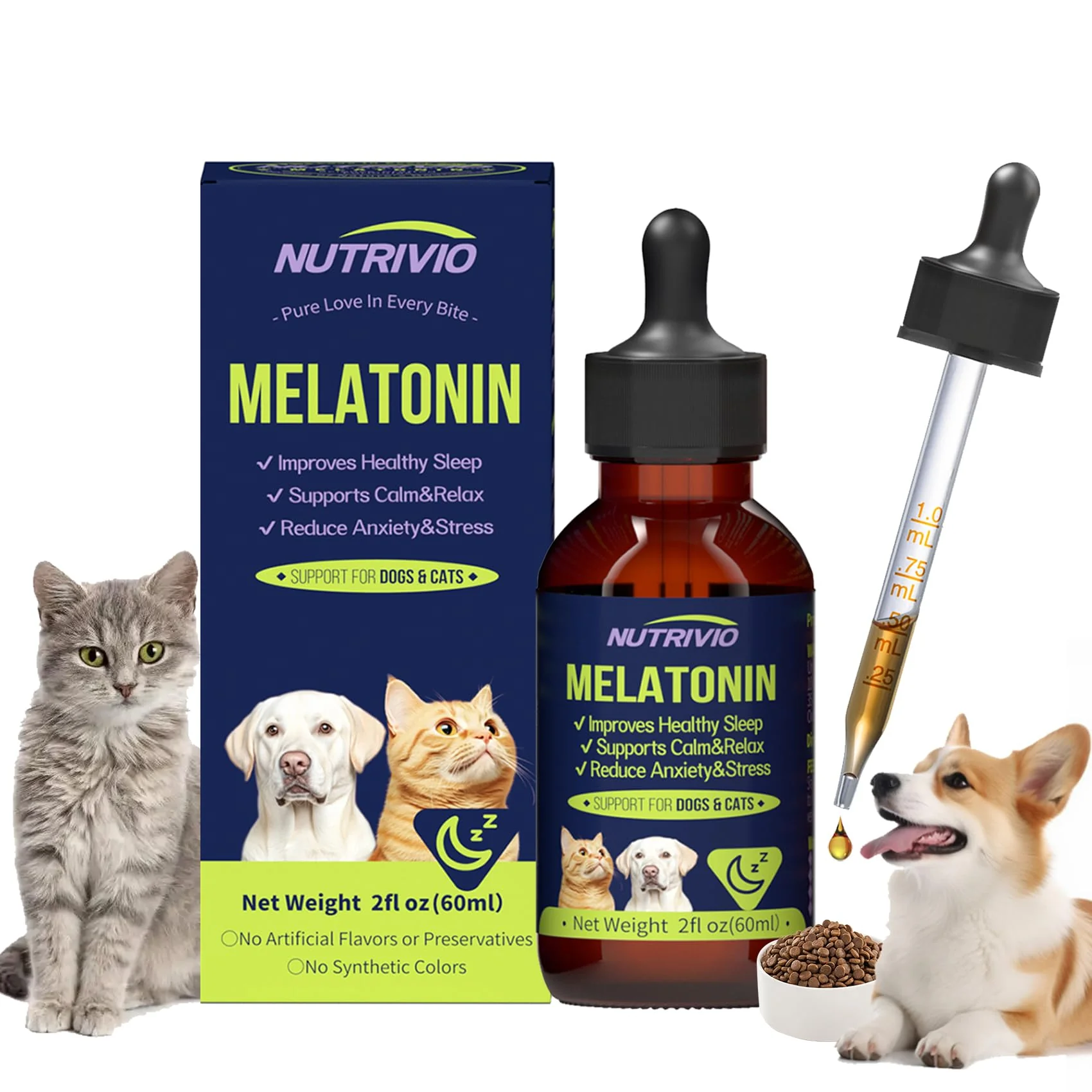 Elite NUTRIVIO Liquid Melatonin for Dogs Cats — Bacon Flavor Sleep Calming Aid Authentic