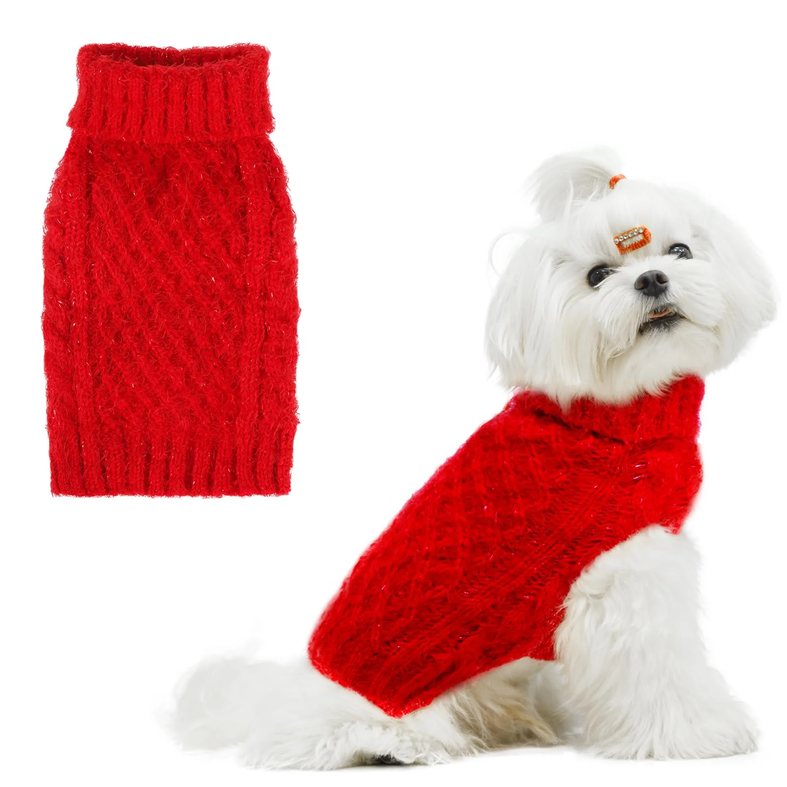 Smooth SCIROKKO Turtleneck Small Dog Sweater – Red Cable Knit Winter Coat Size M High-Quality
