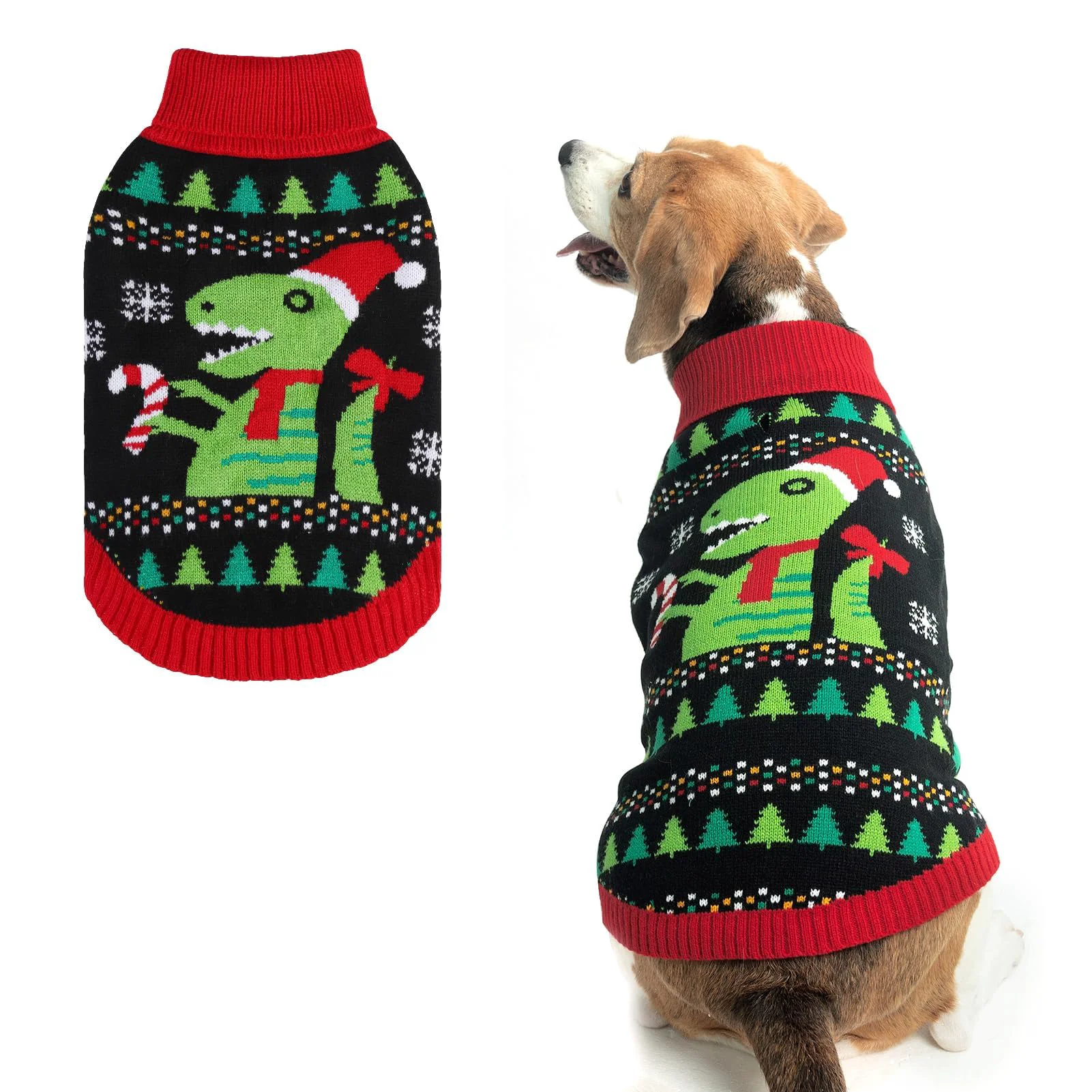 Sustainable BINGPET Knit Puppy Sweater with Dinosaur Pattern – Holiday Turtleneck for Dogs Cats Functional