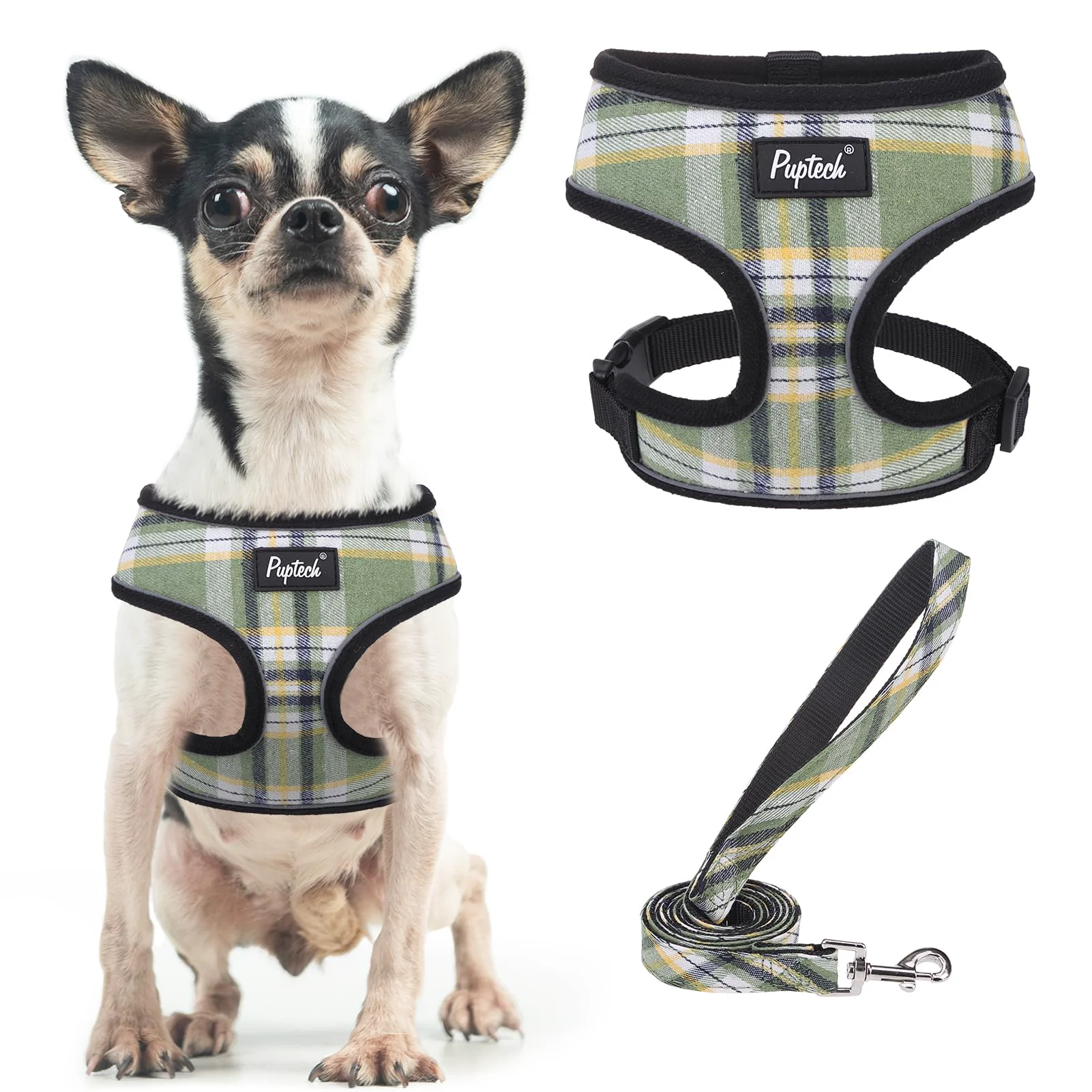Stylish PUPTECK Soft Mesh Harness Leash Set – No Pull Comfortable Vest XS Green Yellow Traditional