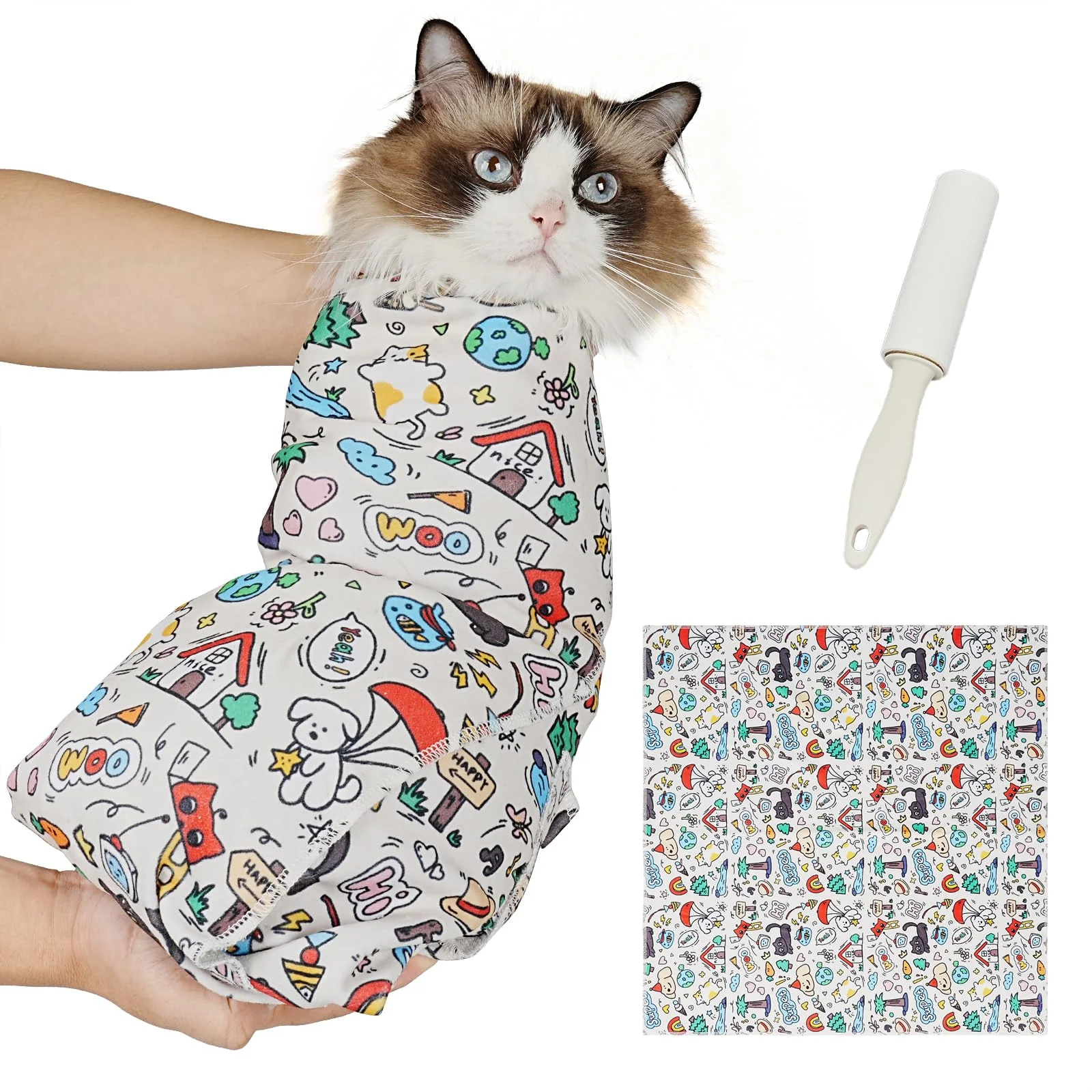 Reusable Supet Cat Grooming Wrap – Self-Adherent Calming Cat Swaddle for Nail Trims Cartoon L Smart