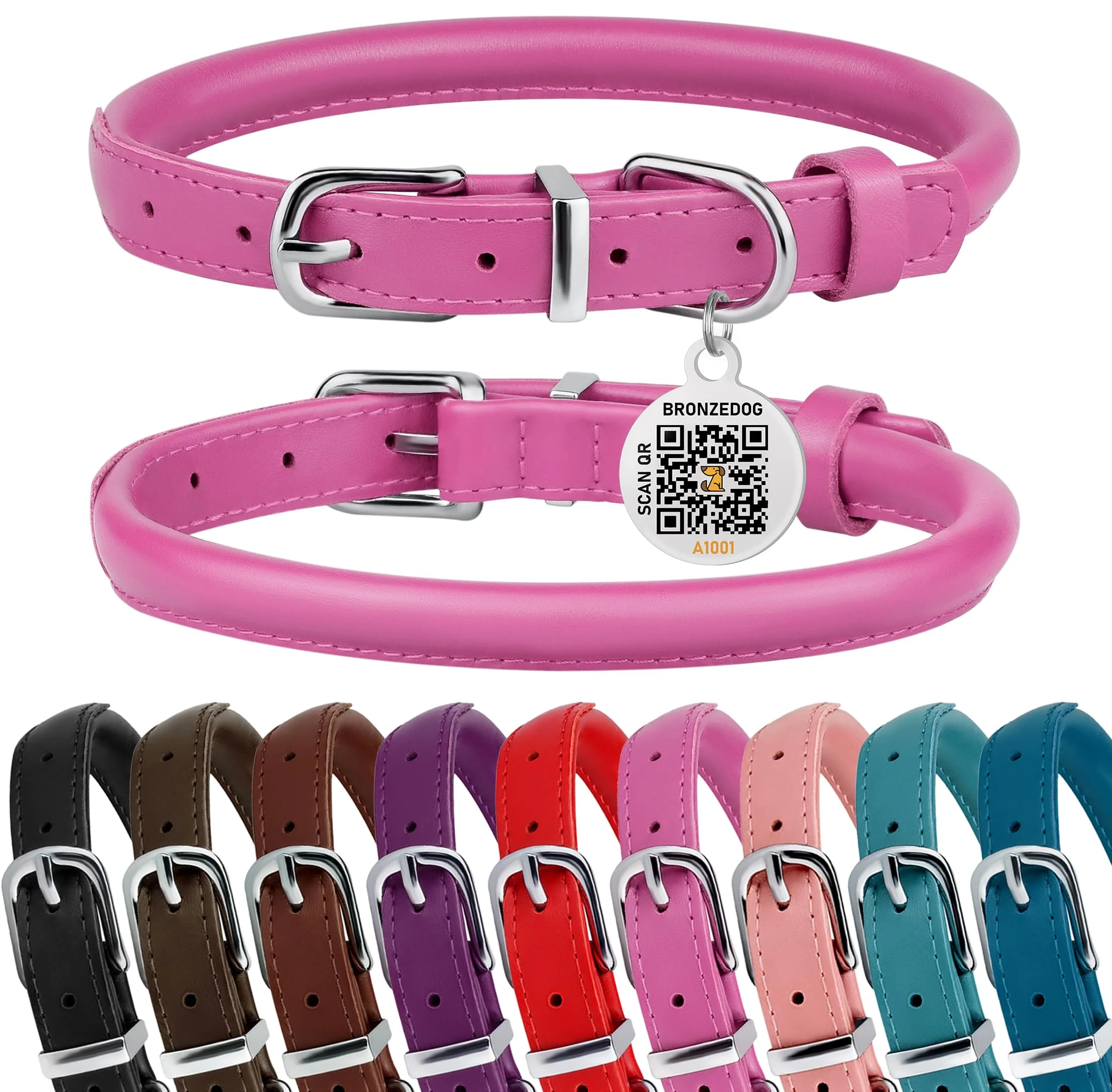 Crafted BRONZEDOG Rolled Leather Dog Collar — Hot Pink 12-14in with QR Tag High-Performance
