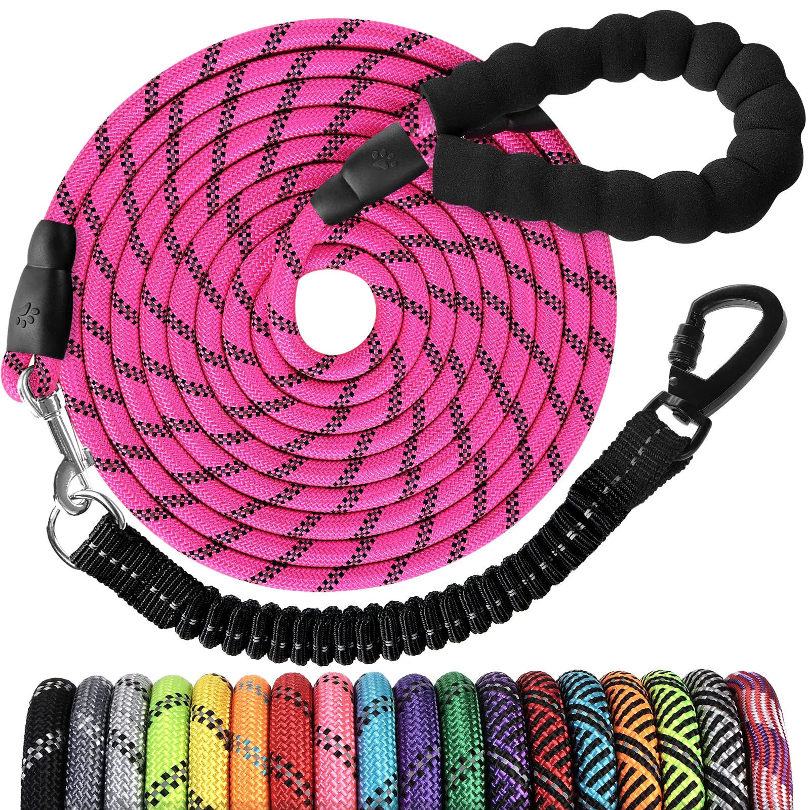 Minimalist jenico Long Dog Leash 15FT – Heavy Duty Nylon Rope with Bungee Reflective Thread Padded Handle Pink Top-Quality