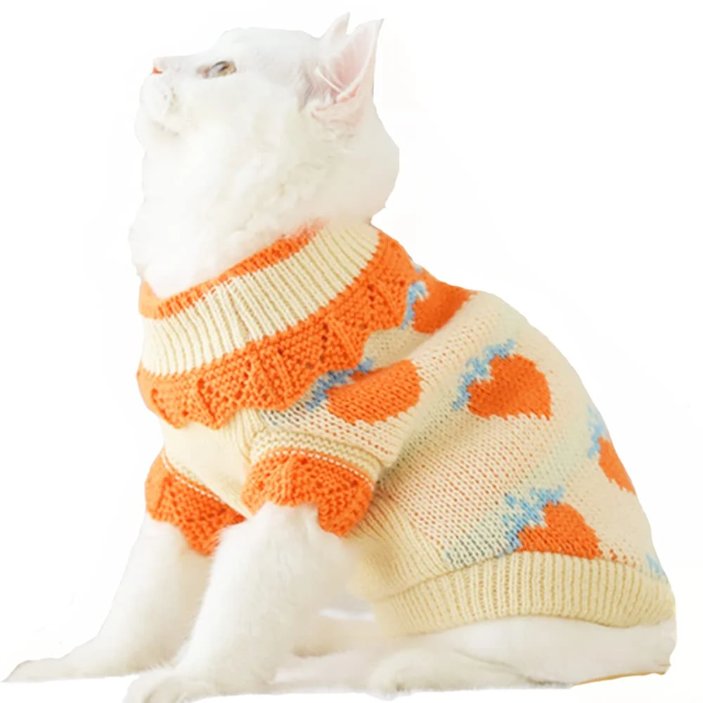 Trendy ANIAC Fall Dog Sweater for Small Dogs – Orange Strawberry Knit X-Small Recyclable