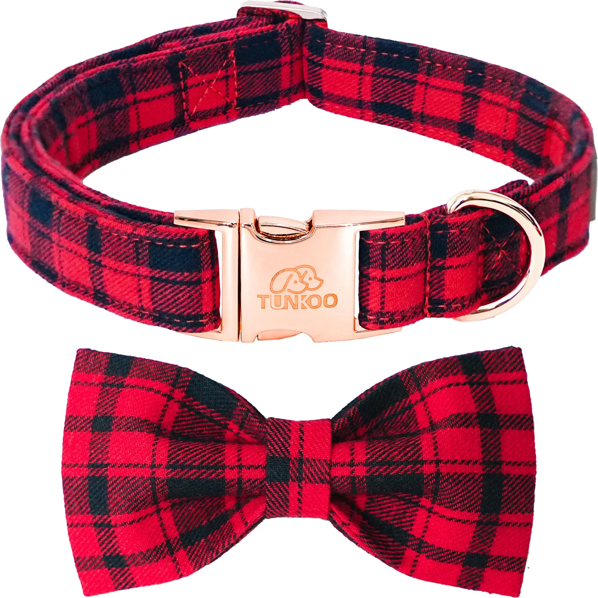Quality Tunkoo Christmas Dog Collar with Bow Tie – Red Plaid Adjustable S Professional