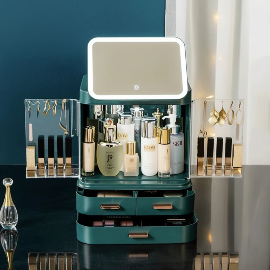 Excellent Mirror Integrated Light Desktop Large Capacity Cosmetics Skincare Storage Box Smooth
