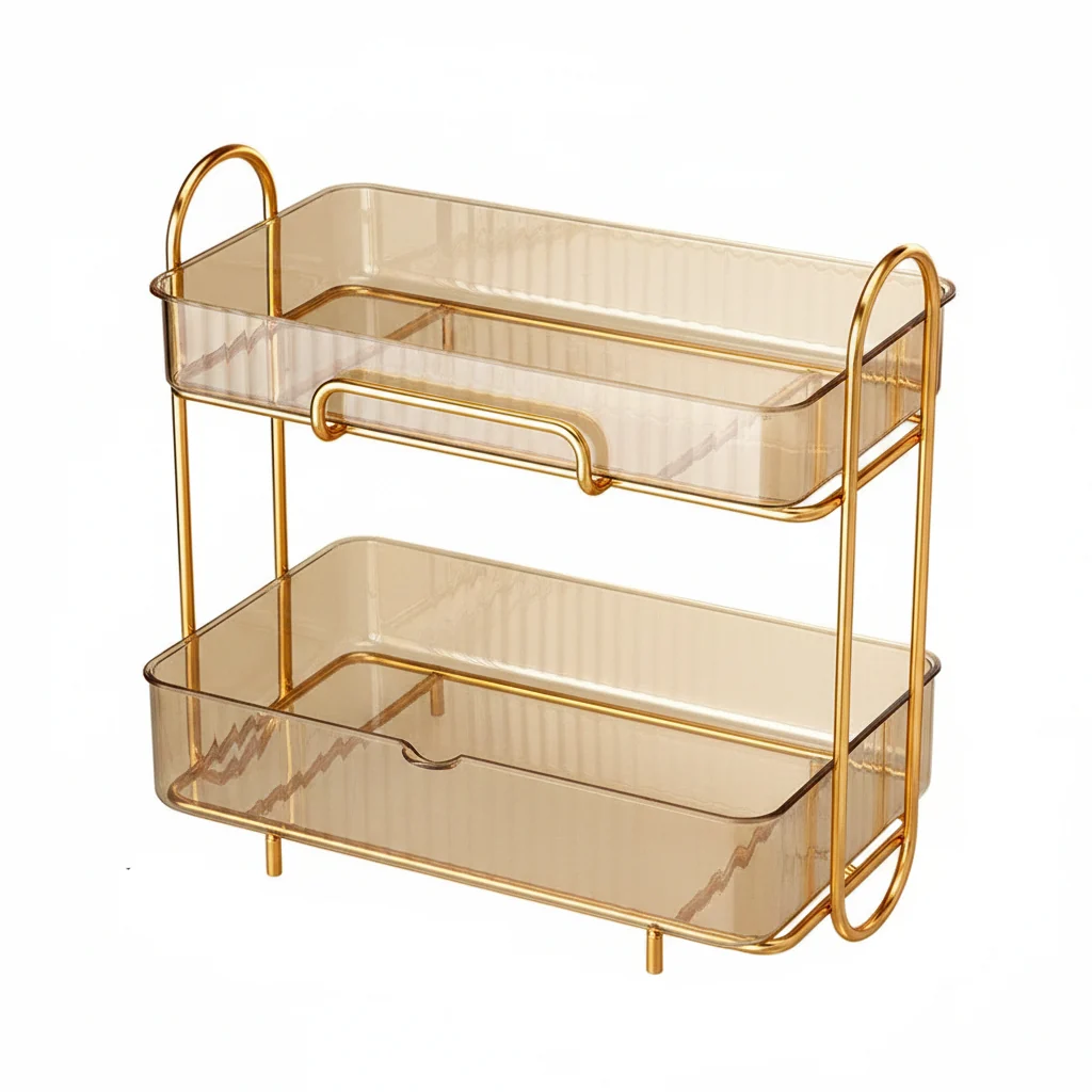 High-Performance Luxury 2-Tier Transparent Amber Light Green Cosmetic Skincare Storage Shelf Fast