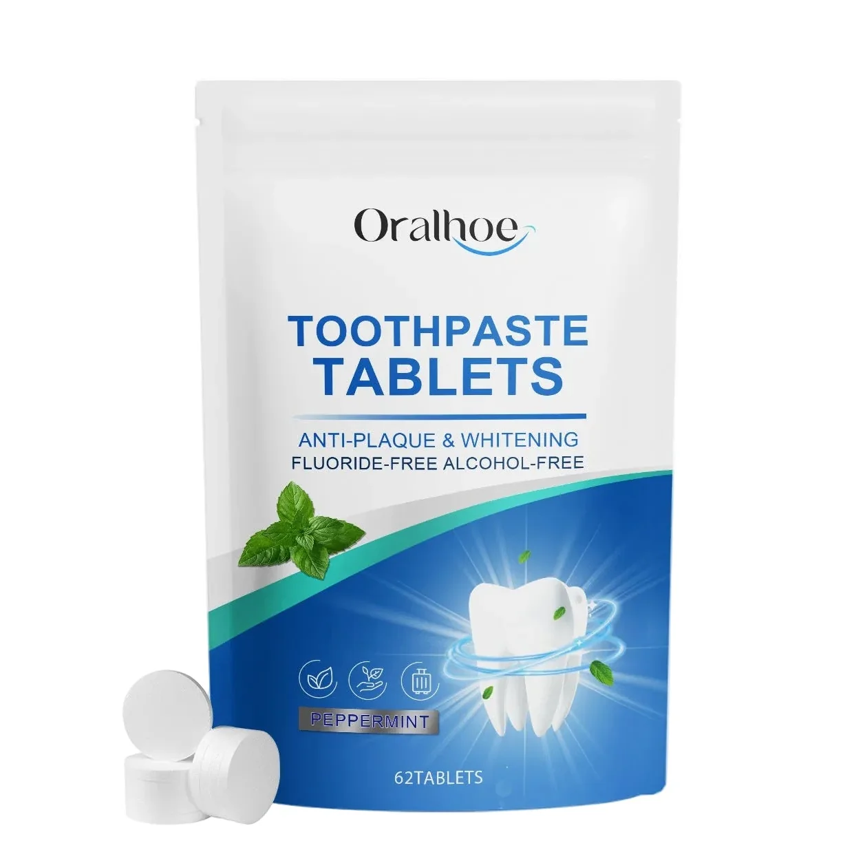 Advanced ORALHOE Portable Mint Breath-Freshening Toothpaste Tablets 62-Count Pouch Long-Lasting