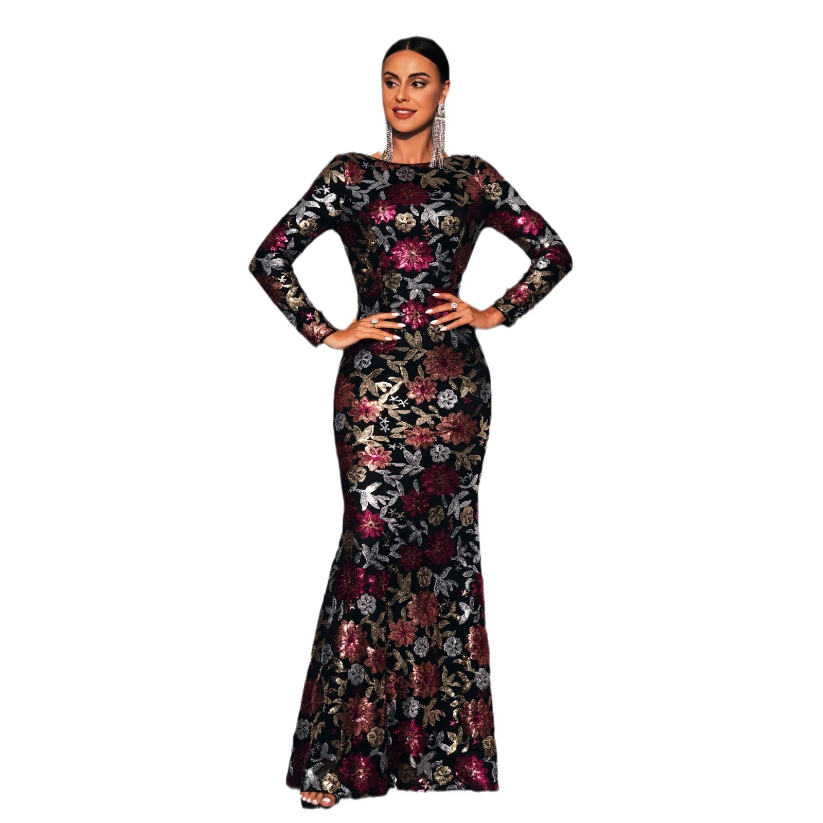 High-Grade Elegant Floral Sequined Long Sleeve Crew Neck Evening Gown Breathable