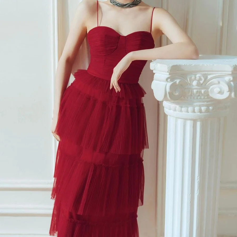 Responsible Suspender Spread Chest Temperament Dark Red Flowing Small Dress Long Skirt Premium Material