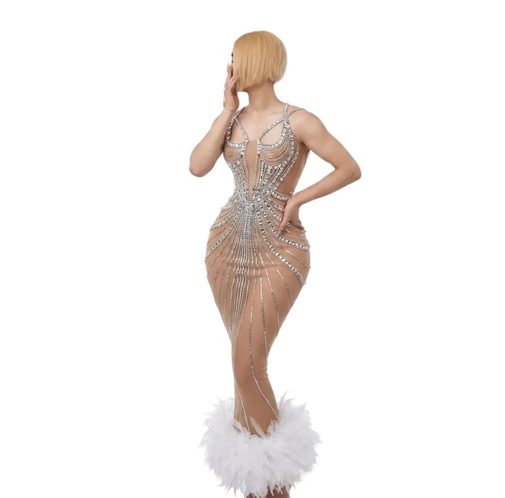 Premium Rhinestone Feather Dress Banquet Women’s Clothing Crafted