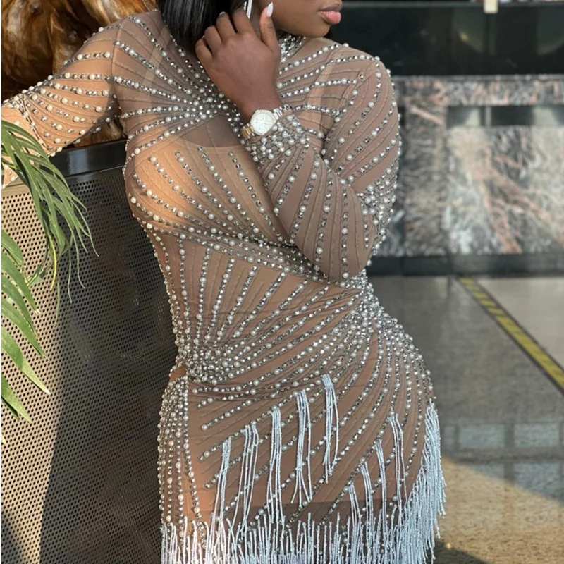 Versatile Tassel Dress Birthday Party Long Sleeve Ironing Transparent Natural