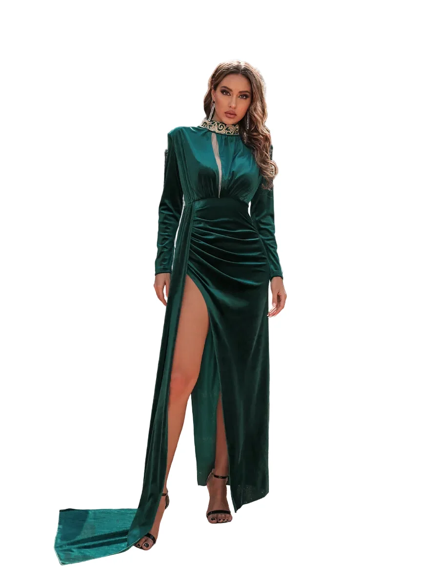 Innovative Women’s Korean Velvet High Neck Sexy Evening Dress Secure