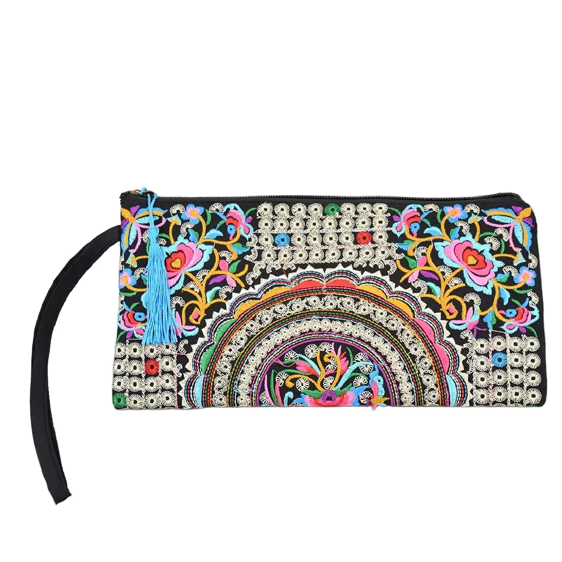 Premium Vintage Embroidered Ethnic Style Long Wallet Wristlet Clutch Bag Excellent