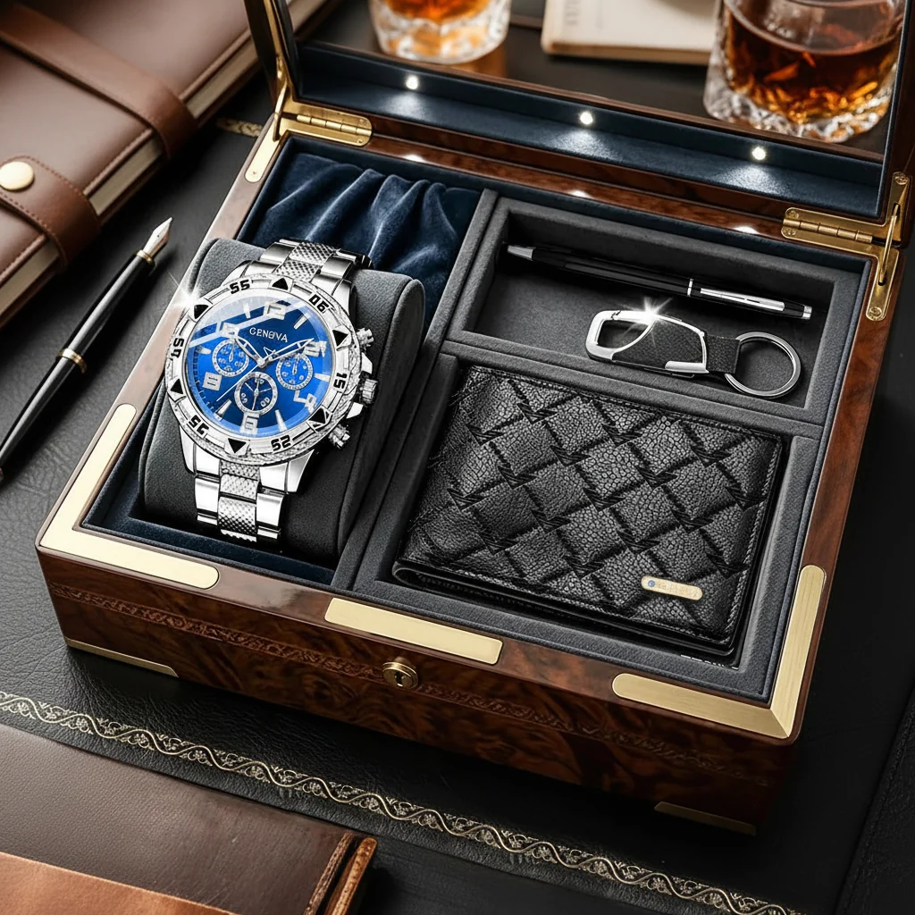First-Class Men’s Quartz Watch 4-Piece Gift Set with Wallet Classic
