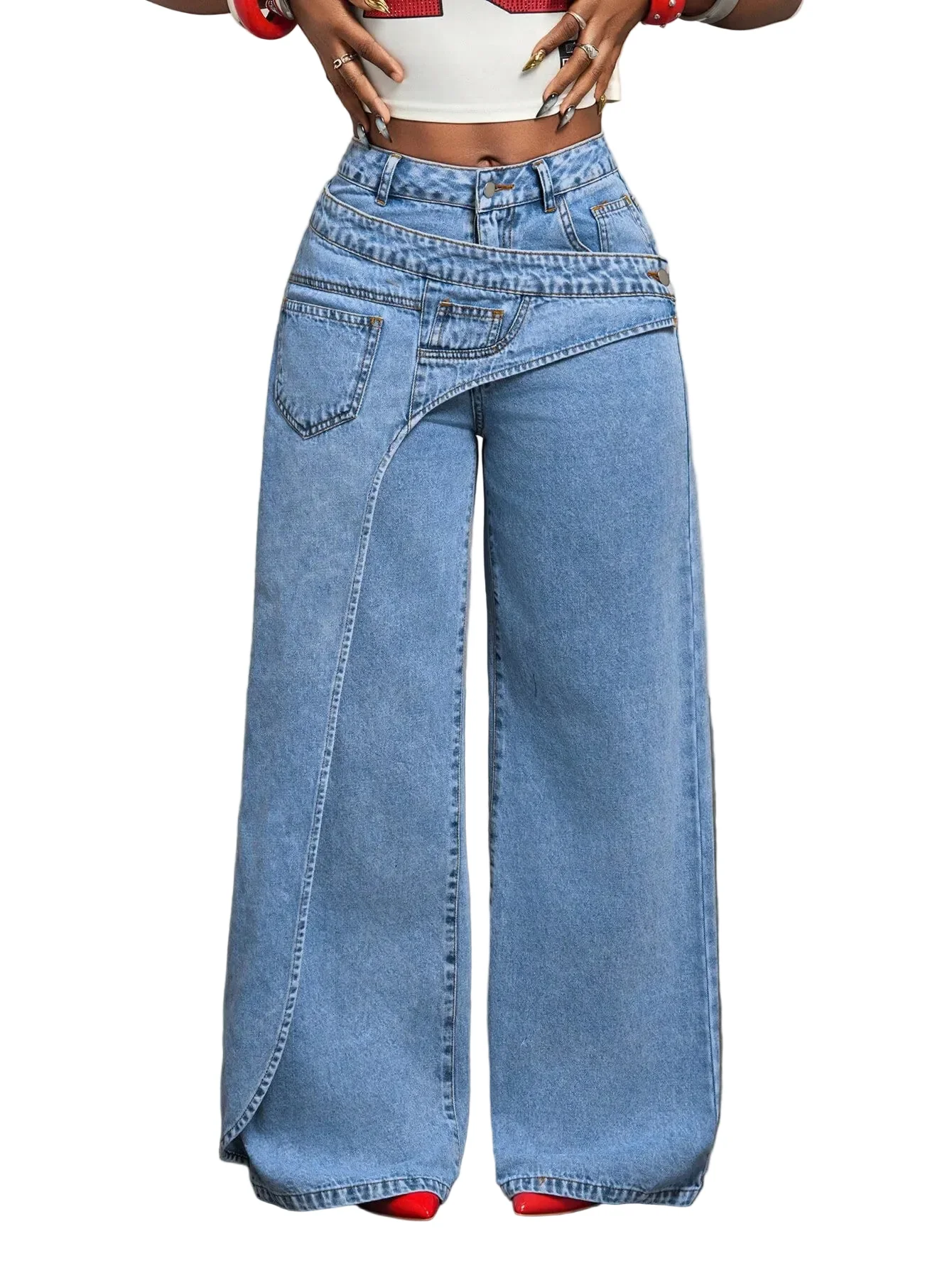 Sophisticated Multi-Pocket Layered Denim Jeans Women’s High-Waisted Casual Streetwear Detailed