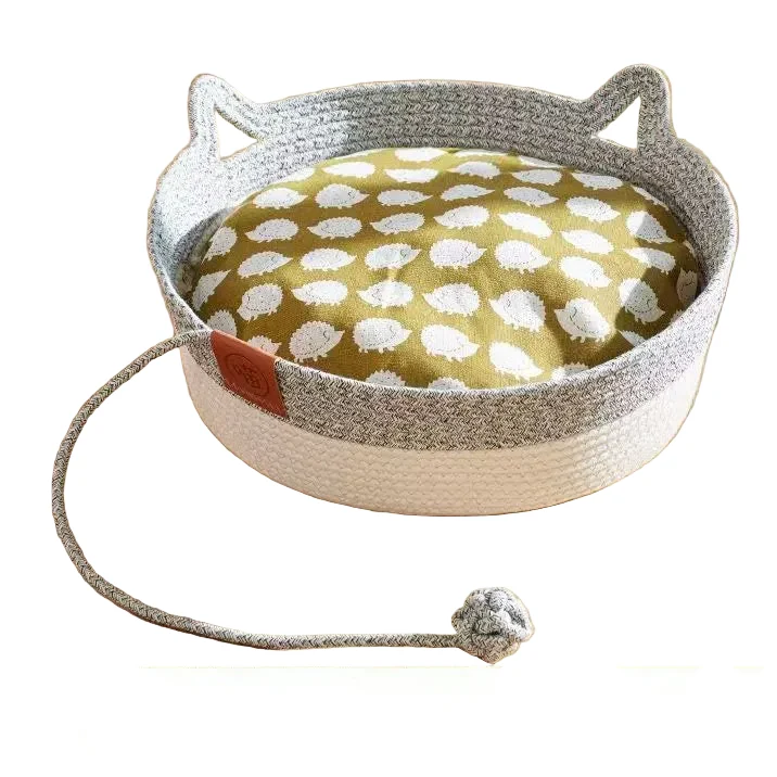 Certified Handwoven Rattan Round Cat Bed Cooling Summer Basket with Cushion Exclusive