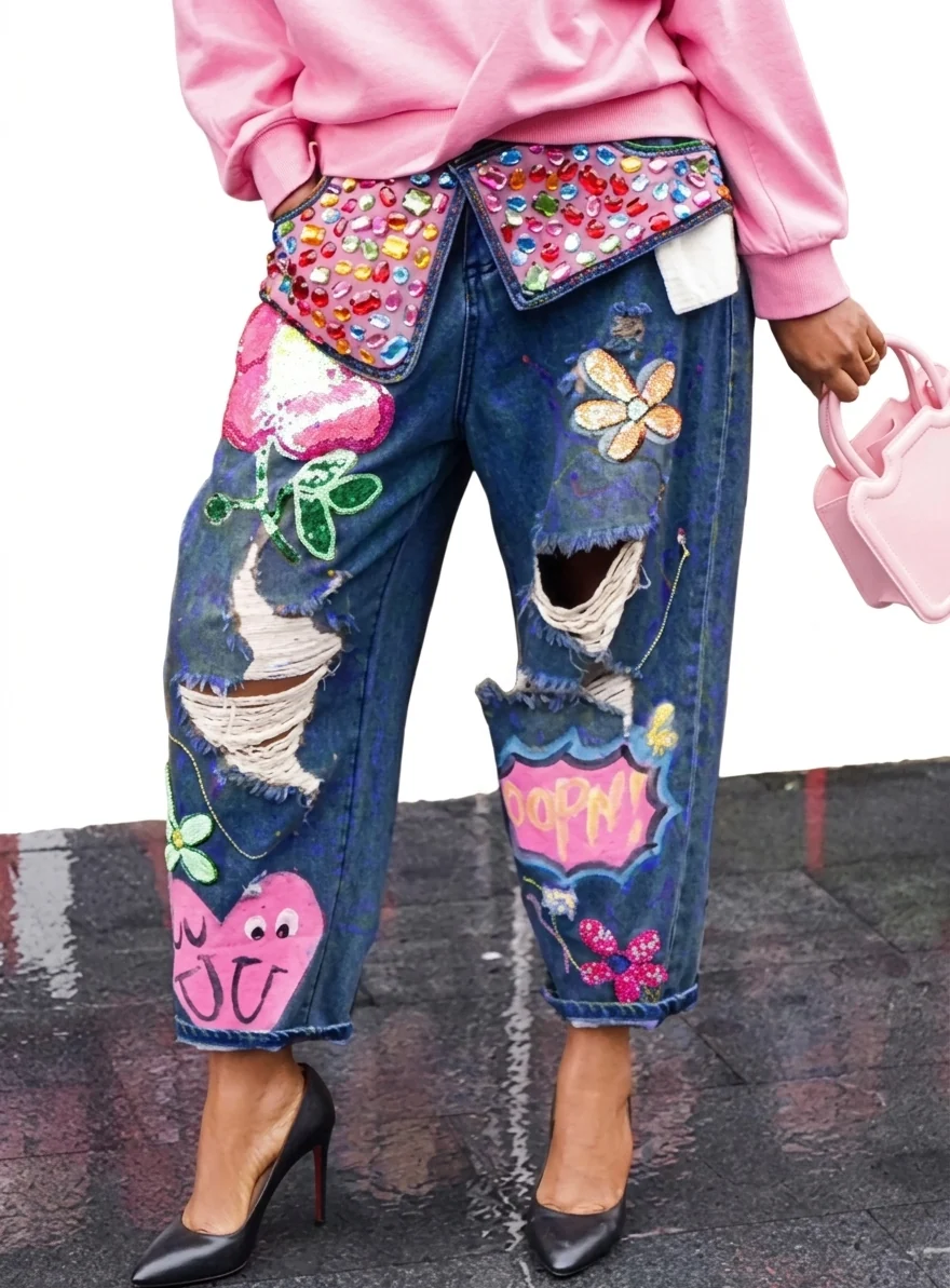 Durable Women’s Floral Embroidery Beaded High Waist Loose Jeans Effective