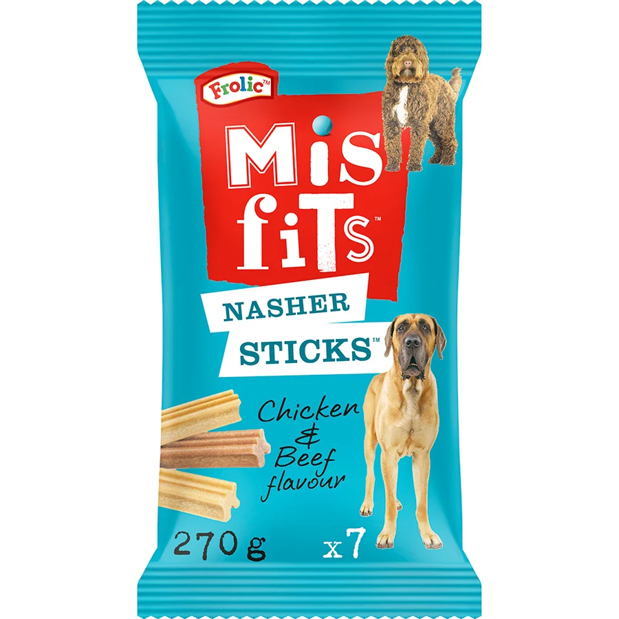 Expertly Made Misfits Nasher Sticks Large Breed Adult Dog Treats with Chicken Beef 7 Pack 270g Sustainable