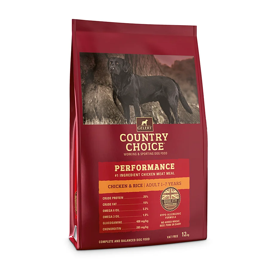 Official Gelert Country Choice Performance Dry Working Dog Food Chicken Rice 12kg Green