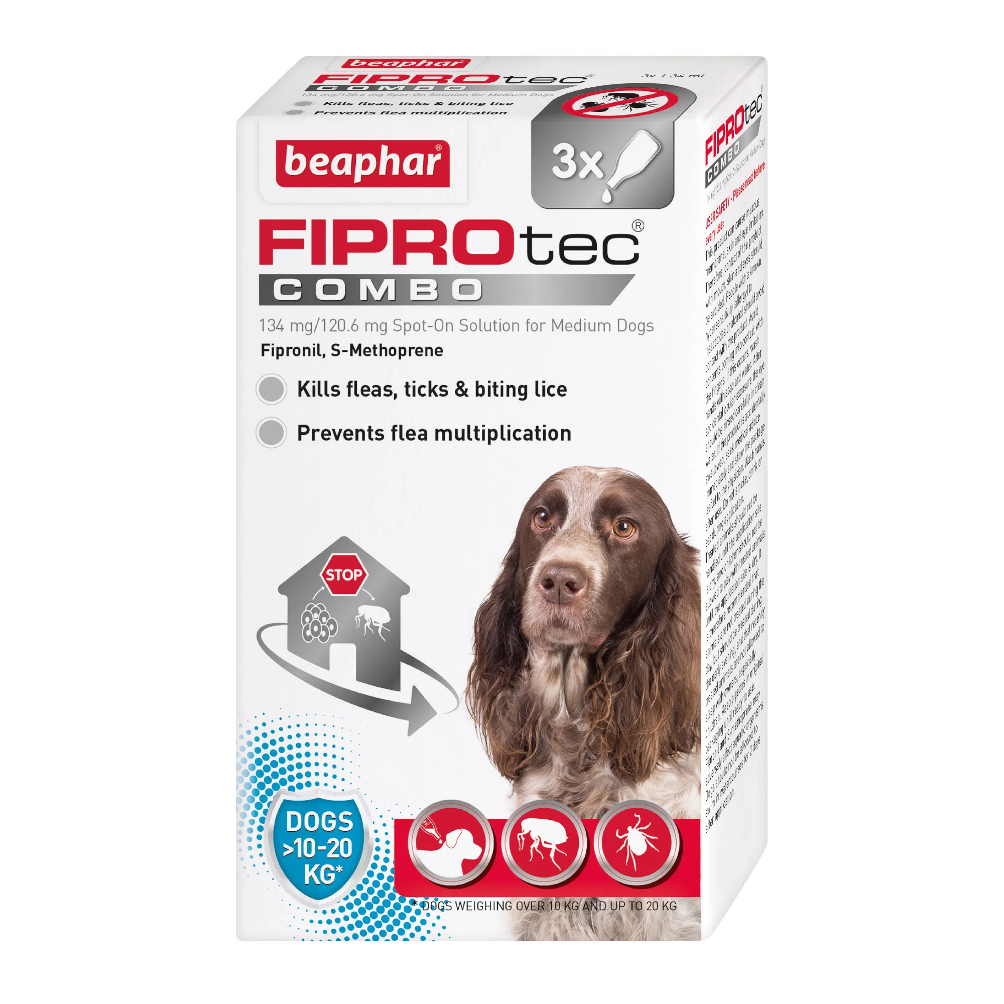 Crafted Beaphar FIPROtec COMBO Flea Tick Spot-On for Dogs 10-20kg 3 Pipettes Lightweight