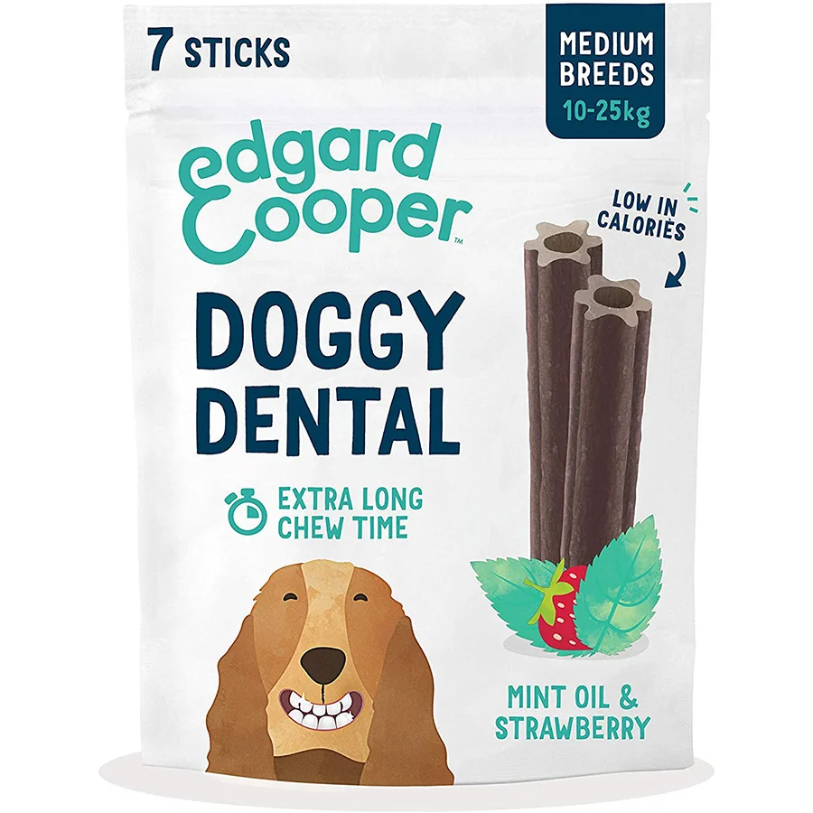 Solid Edgard Cooper Doggy Dental Sticks Medium Breed Strawberry Mint 7 Pack 160g Easy-to-Use