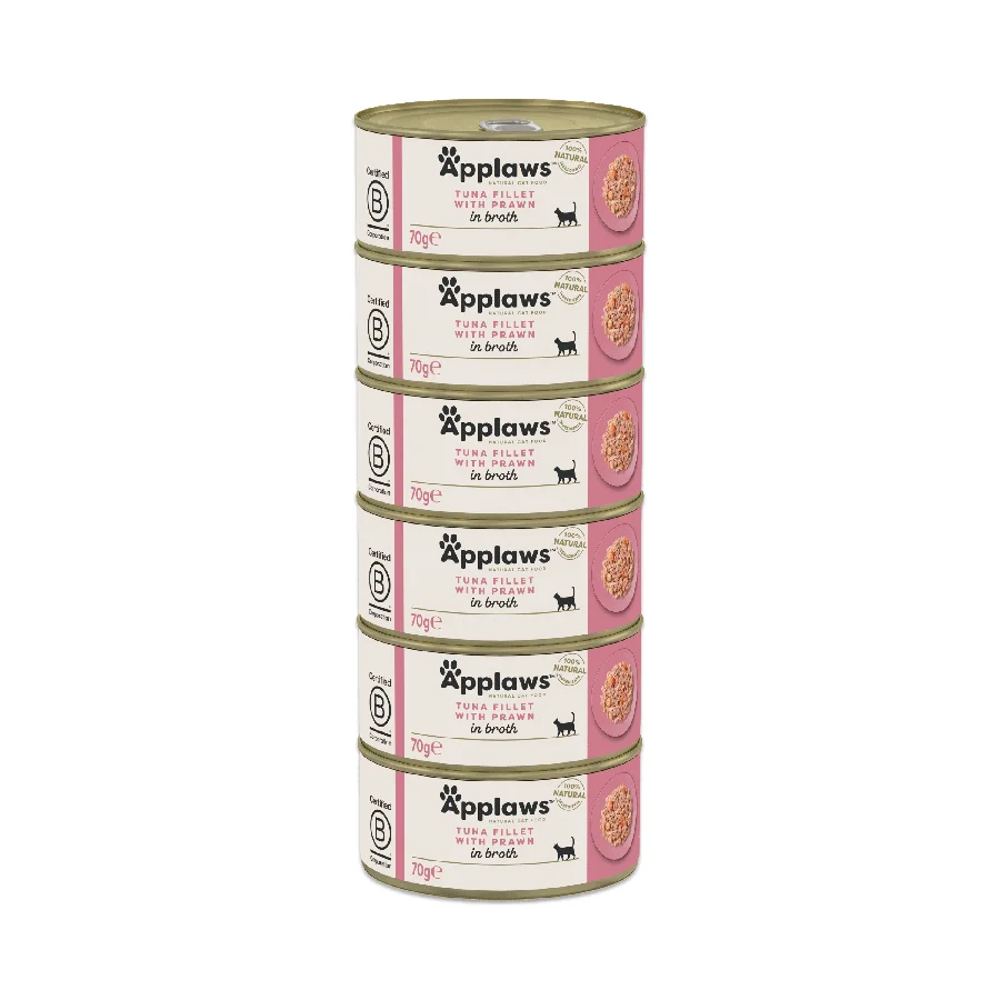 Proven Applaws Natural Wet Adult Cat Food Tuna Fillet with Prawn in Broth 6x70g Tins Elite