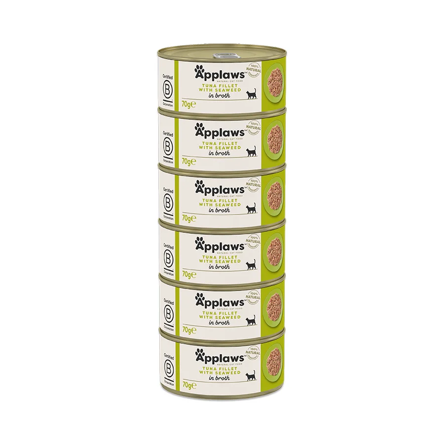 Casual Applaws Natural Wet Adult Cat Food Tuna Fillet with Seaweed in Broth 6x70g Tins Environmentally Friendly