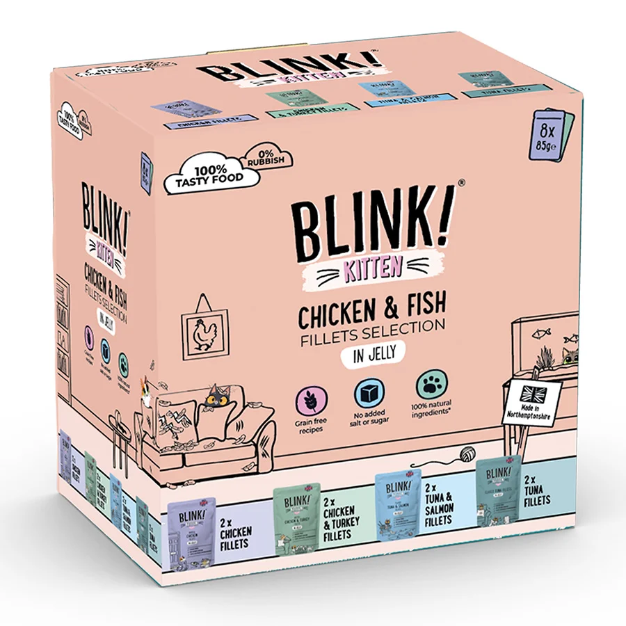 Comfortable Blink Wet Kitten Food Chicken Fish Fillets in Jelly 8x85g Recyclable