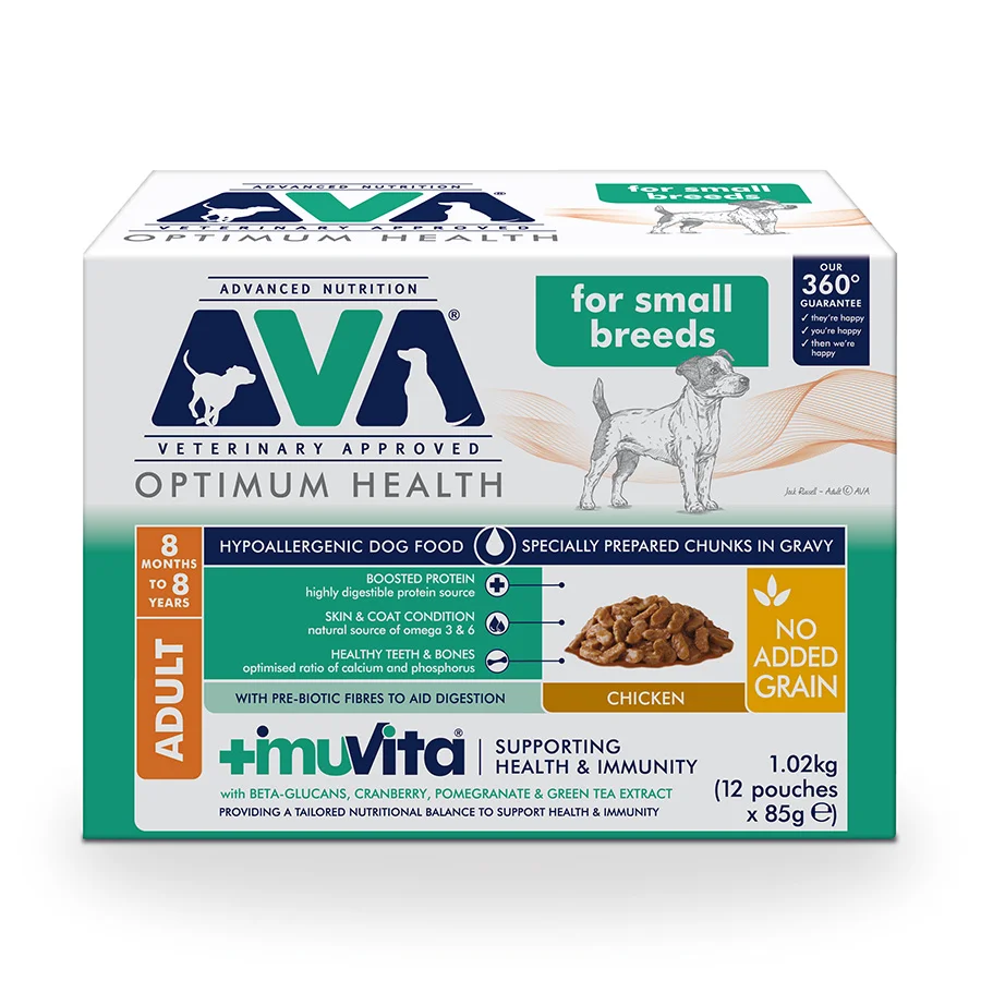 Trusted AVA Optimum Health Small Breed Adult Wet Dog Food Gravy Chunks 12x85g Organic