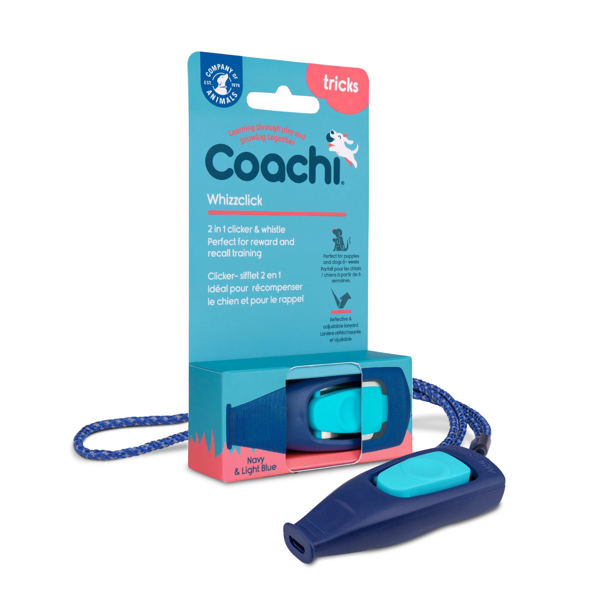 Functional Coachi Whizzclick Dog Training Clicker Whistle Navy Light Blue Smart